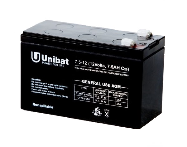 Battery (VRLA) UNIBATPOWER FOR LIFE 12V 7.5AH Sealed Batteries AGM-12V GU