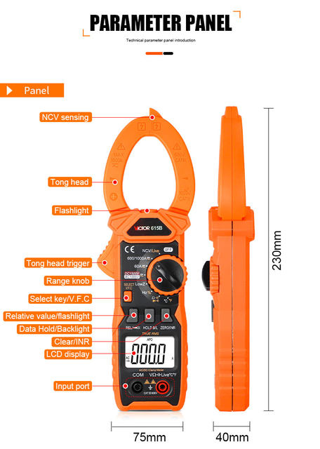 TRUE RMS DIGITAL CLAMP MULTIMETER DC 1500V – AC DC 1000A VICTOR 615B Cables - Accessories for PA